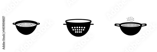 Flat black icons of colanders showcasing different designs and shapes suitable for various kitchen tasks