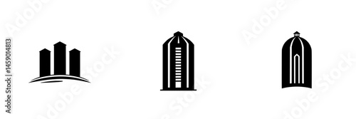 Flat black icons representing agricultural silos, showcasing various shapes and styles common in rural landscapes