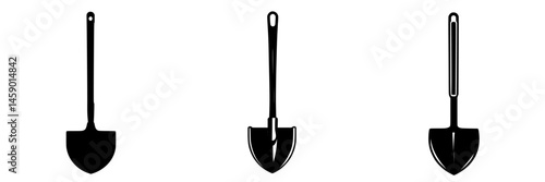 Flat black icons of various shovel designs displayed in a simple layout for graphic use