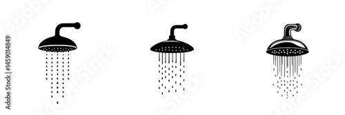 Different styles of flat black showerhead icons illustrating water flow in a clean design for bathroom concepts