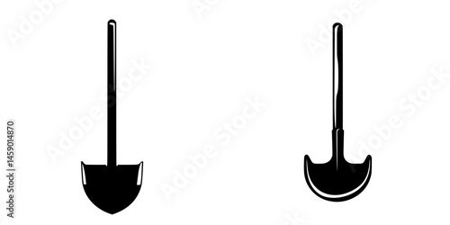 Black icons representing a flat shovel and a round shovel for construction and gardening purposes