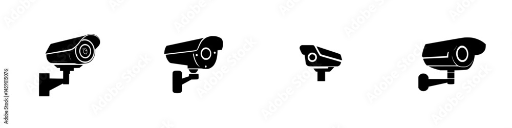 Naklejka premium Flat black icon representing various security cameras in different shapes and sizes for modern surveillance systems