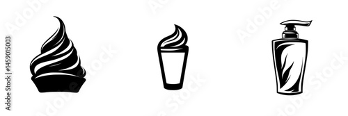 Flat black icon collection featuring soft serve ice cream, dessert cup, and cosmetic bottle design elements