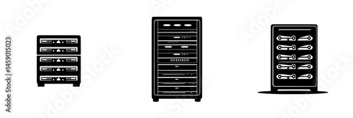 Flat black icons of kitchen appliances in a minimalist design featuring stacked storage units and drawers for food items or tools