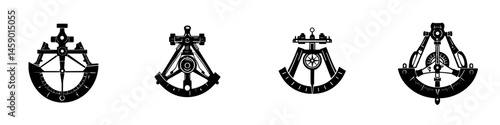 Flat black icons depicting traditional navigation tools used for maritime and surveying purposes in various designs and styles