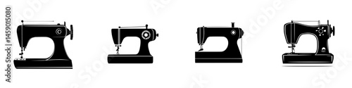 Various flat black sewing machine icons depicting vintage and modern designs for crafting and tailoring enthusiasts