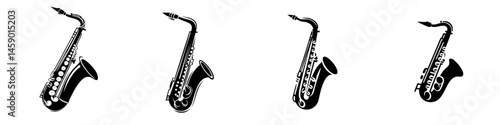 Illustration of four flat black saxophone icons arranged horizontally for musical representation