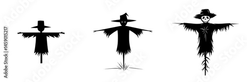 Flat black icons of different scarecrow designs standing in a row, showcasing distinct features and styles in a minimalist illustration