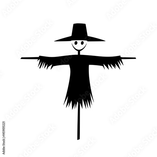 Flat black scarecrow icon with a smiling face and outstretched arms for harvest-themed designs