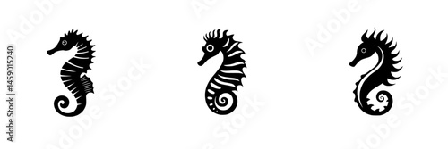 Unique flat black seahorse icons showcasing different designs for aquatic themes and marine life representation