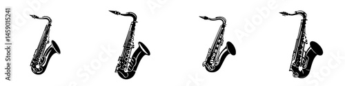 Black saxophone icon series showcasing different angles of the musical instrument in a flat design style