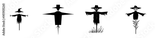 Flat black scarecrow icons representing various designs in a minimalistic style suitable for Halloween decorations or farm themes