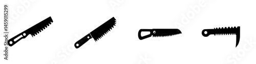 Unique collection of black icons depicting various types of saws for woodworking and construction use