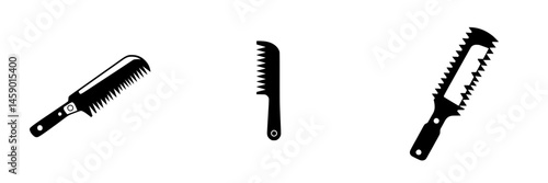 Icon set featuring flat black grooming tools with different shapes and teeth for hair care and styling in various applications