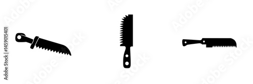 Various flat black kitchen saw icons suitable for culinary or DIY projects displayed together on a light background