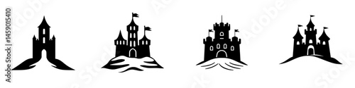 Flat black icons of different castle designs showcasing unique architectural features and silhouettes isolated on a plain background