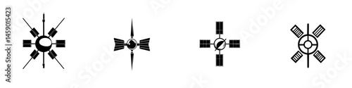 Flat black icons representing various symbolic designs related to navigation and exploration