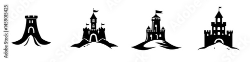 Flat black castle icons representing various designs for a fantasy-themed project or graphic design usage