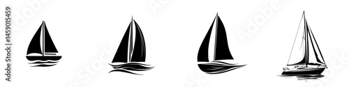 Flat black sailboat icons representing various sailing styles and designs for nautical themes or graphic design projects