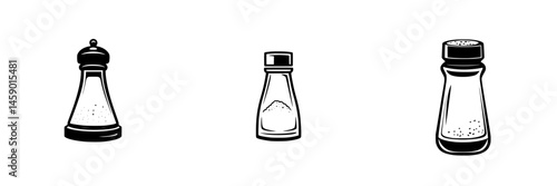 Flat black icons of three different salt shakers arranged in a row on a white background showcasing various designs and styles for culinary use