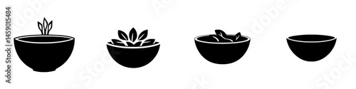 Black icon set featuring various bowl designs depicting plant growth and food arrangement in a minimalist style