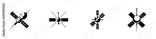 Collection of flat black satellite icons representing various designs and functionalities for digital use