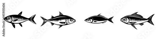 Flat black fish icons depicting various species in a minimalist style suitable for design and illustration projects