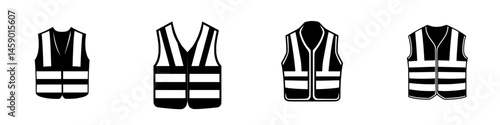 Flat black icons of safety vests showcasing simple designs suitable for various applications and contexts in safety and work environments