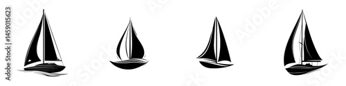 Sailing icon collection featuring various black sailboat designs on a white background