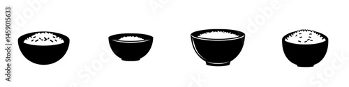 Different sizes of bowls filled with rice represented as flat black icons for culinary use and food illustration