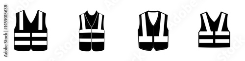 Flat black icons depicting various styles of safety vests typically used in construction or outdoor work environments
