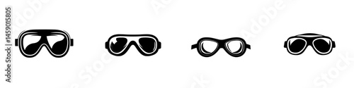 Various flat black icons of goggles representing different styles and purposes suitable for diverse activities