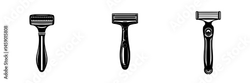 Slika na platnu Flat black icons representing various types of grooming razors arranged in a row