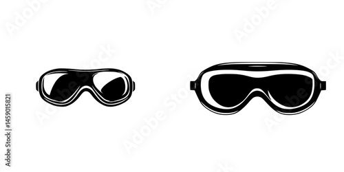 Flat black icons of ski goggles illustrating different sizes with clear lenses and curved designs for winter sports enthusiasts