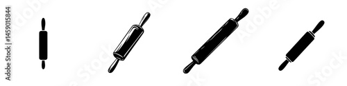 Flat black rolling pin icons representing baking tools suitable for kitchen use and culinary activities