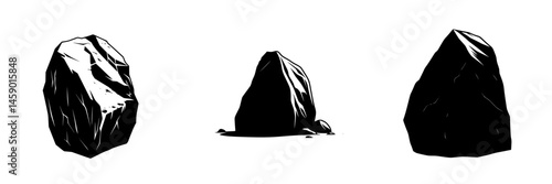 Black flat icons of rocks in various shapes and sizes arranged on a plain white background to depict natural elements and simplicity