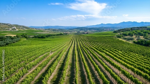Wallpaper Mural Aerial view of a vast vineyard stretching across rolling hills under a vibrant blue sky, showcasing rows of lush green grapevines. : Generative AI Torontodigital.ca