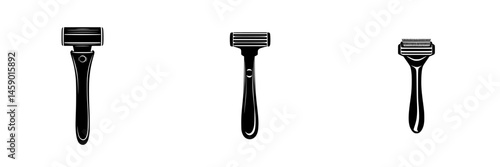 Flat black icons representing various styles of shaving razors for grooming and personal care