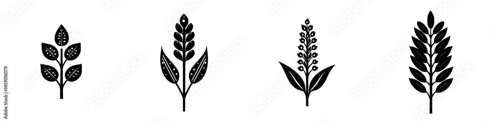 Fototapeta premium Collection of flat black botanical icons depicting various plant designs for creative and artistic use