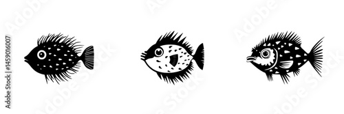 Flat black icons of various fish designs showcasing distinct features and artistic styles in a simplistic graphic representation
