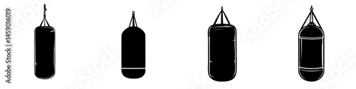 Flat black icons of different styles of hanging punching bags for fitness and boxing training