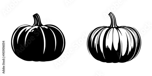 Black icon depicting two pumpkin designs showcasing different shapes and textures for seasonal decorations and events