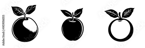 Flat black icons representing different styles of apples and oranges highlighting fruit design versatility and simplicity