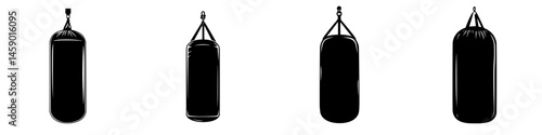 Black flat icons representing various styles of punching bags used in martial arts and fitness training sessions