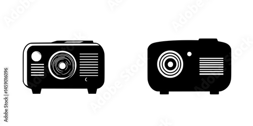 Flat black icons of vintage film projectors displaying different angles on a plain background for design purposes