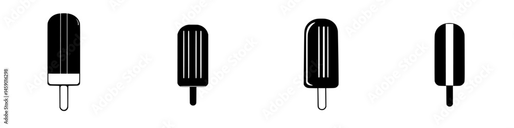 Flat black ice cream popsicle icons representing various styles and shapes displayed on a clean white background Flat black ice cream popsicle icons representing various styles and shapes displayed on a clean white background