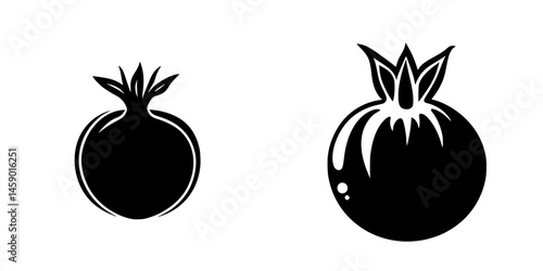 Black icons of a pomegranate and tomato featuring simple and clean designs representing fruits