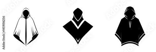 Stylized black icons representing various poncho designs for outdoor activities or fashion use