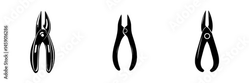 Iconic flat black designs of different styles of pliers showcasing their shape and functionality in a minimalist style