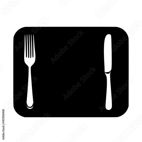 Fork and knife icon on a flat black background for restaurant menu or dining application